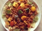 Tricolor Pasta with Soy Chorizo, Zucchini, and Baby Heirloom Tomato